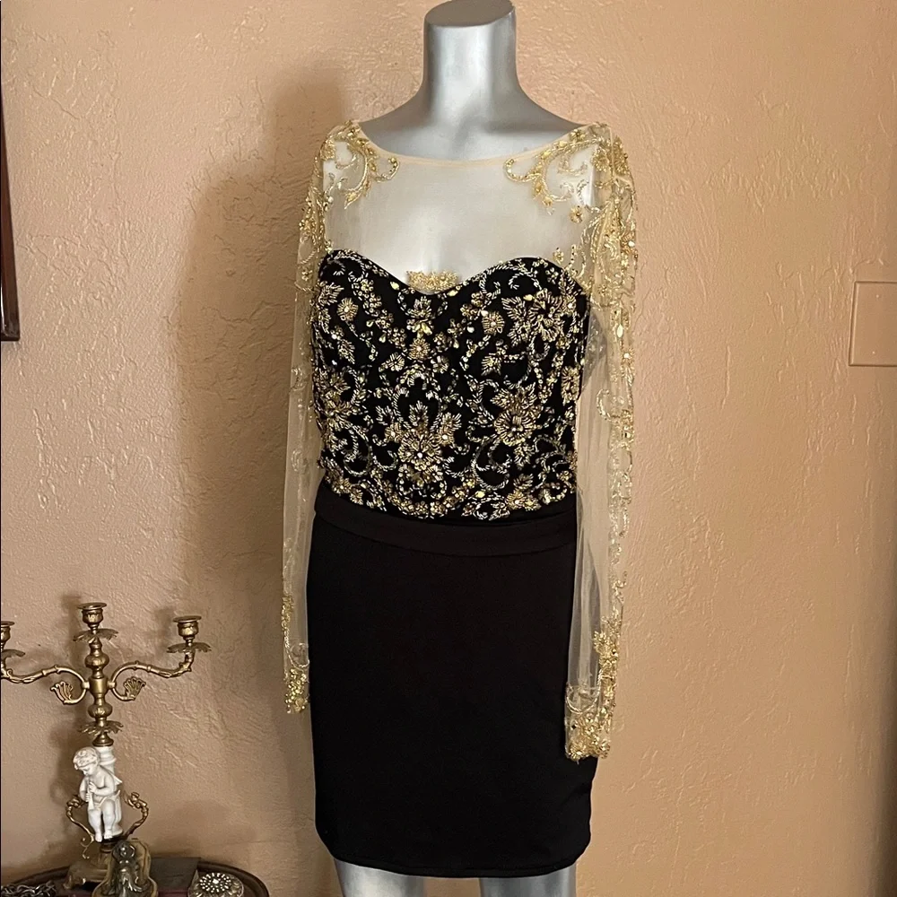 Vintage Eureka Black and Gold Embroidered Long Sleeve Dress.  Sz 10 - Picture 3 of 11